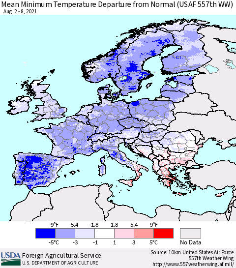 Europe Mean Minimum Temperature Departure from Normal (USAF 557th WW) Thematic Map For 8/2/2021 - 8/8/2021