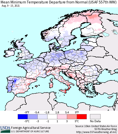 Europe Mean Minimum Temperature Departure from Normal (USAF 557th WW) Thematic Map For 8/9/2021 - 8/15/2021
