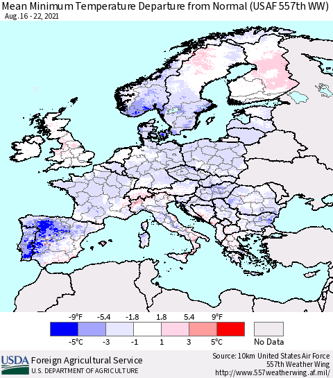 Europe Mean Minimum Temperature Departure from Normal (USAF 557th WW) Thematic Map For 8/16/2021 - 8/22/2021
