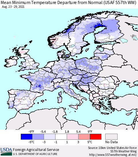 Europe Mean Minimum Temperature Departure from Normal (USAF 557th WW) Thematic Map For 8/23/2021 - 8/29/2021