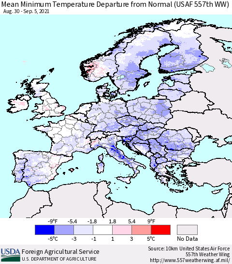 Europe Mean Minimum Temperature Departure from Normal (USAF 557th WW) Thematic Map For 8/30/2021 - 9/5/2021