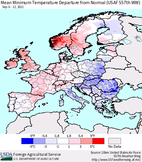 Europe Mean Minimum Temperature Departure from Normal (USAF 557th WW) Thematic Map For 9/6/2021 - 9/12/2021
