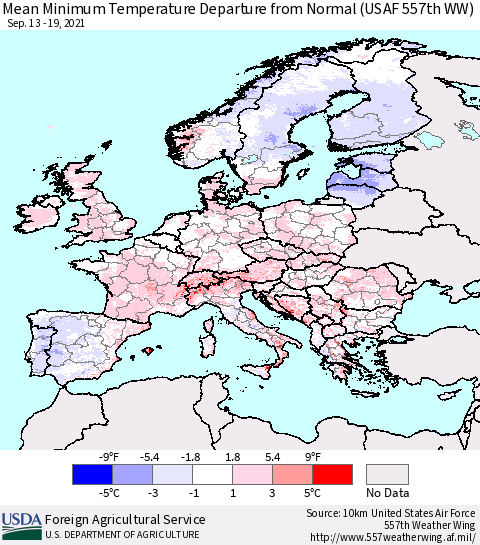 Europe Mean Minimum Temperature Departure from Normal (USAF 557th WW) Thematic Map For 9/13/2021 - 9/19/2021