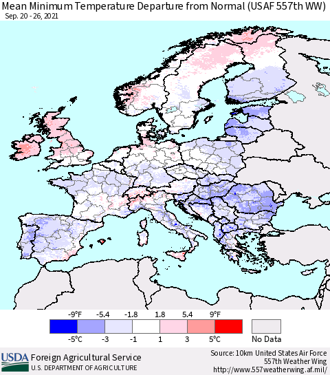 Europe Mean Minimum Temperature Departure from Normal (USAF 557th WW) Thematic Map For 9/20/2021 - 9/26/2021