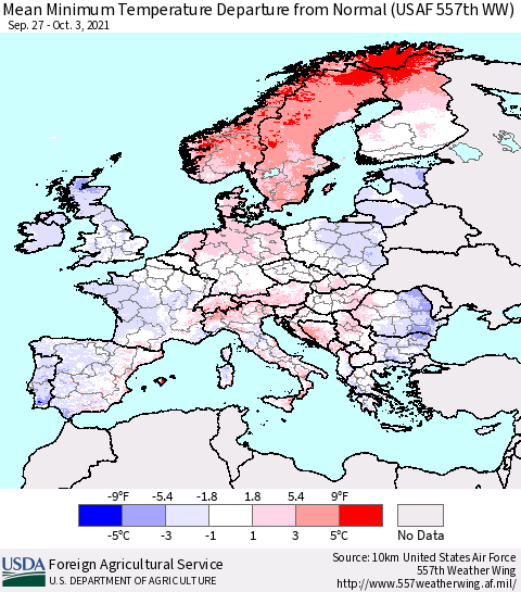 Europe Mean Minimum Temperature Departure from Normal (USAF 557th WW) Thematic Map For 9/27/2021 - 10/3/2021