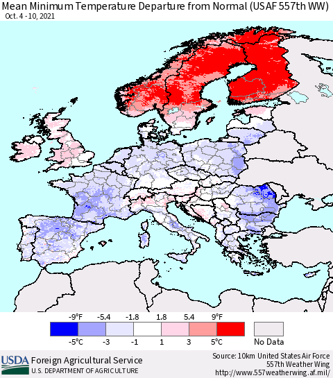 Europe Mean Minimum Temperature Departure from Normal (USAF 557th WW) Thematic Map For 10/4/2021 - 10/10/2021