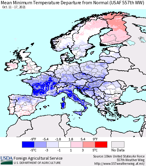 Europe Mean Minimum Temperature Departure from Normal (USAF 557th WW) Thematic Map For 10/11/2021 - 10/17/2021