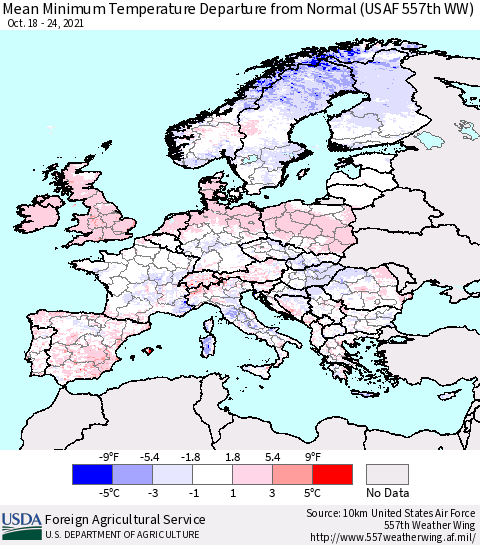 Europe Mean Minimum Temperature Departure from Normal (USAF 557th WW) Thematic Map For 10/18/2021 - 10/24/2021