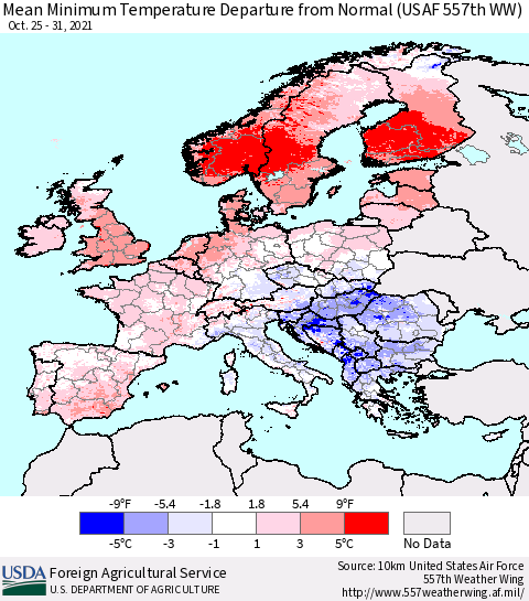 Europe Mean Minimum Temperature Departure from Normal (USAF 557th WW) Thematic Map For 10/25/2021 - 10/31/2021
