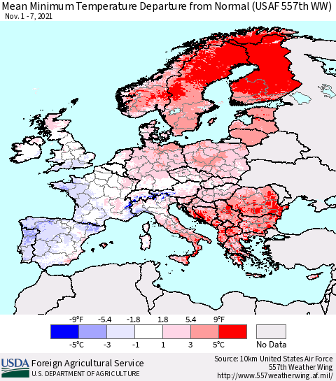 Europe Mean Minimum Temperature Departure from Normal (USAF 557th WW) Thematic Map For 11/1/2021 - 11/7/2021