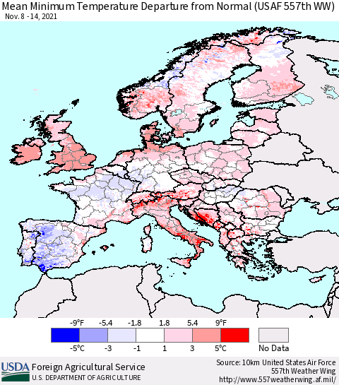 Europe Mean Minimum Temperature Departure from Normal (USAF 557th WW) Thematic Map For 11/8/2021 - 11/14/2021