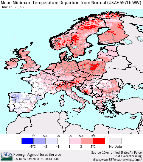 Europe Mean Minimum Temperature Departure from Normal (USAF 557th WW) Thematic Map For 11/15/2021 - 11/21/2021