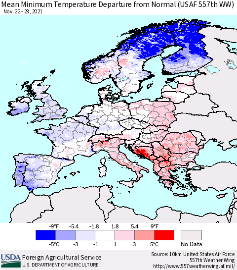 Europe Mean Minimum Temperature Departure from Normal (USAF 557th WW) Thematic Map For 11/22/2021 - 11/28/2021