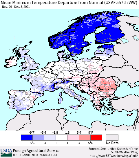 Europe Mean Minimum Temperature Departure from Normal (USAF 557th WW) Thematic Map For 11/29/2021 - 12/5/2021