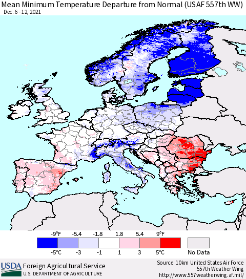 Europe Mean Minimum Temperature Departure from Normal (USAF 557th WW) Thematic Map For 12/6/2021 - 12/12/2021