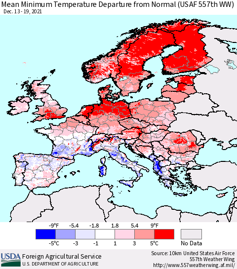 Europe Mean Minimum Temperature Departure from Normal (USAF 557th WW) Thematic Map For 12/13/2021 - 12/19/2021