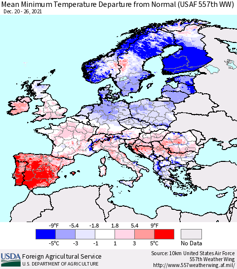 Europe Mean Minimum Temperature Departure from Normal (USAF 557th WW) Thematic Map For 12/20/2021 - 12/26/2021