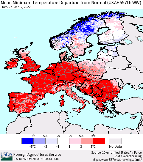 Europe Mean Minimum Temperature Departure from Normal (USAF 557th WW) Thematic Map For 12/27/2021 - 1/2/2022
