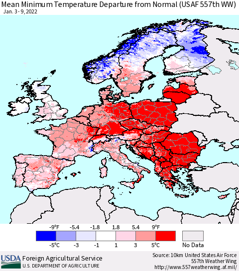 Europe Mean Minimum Temperature Departure from Normal (USAF 557th WW) Thematic Map For 1/3/2022 - 1/9/2022