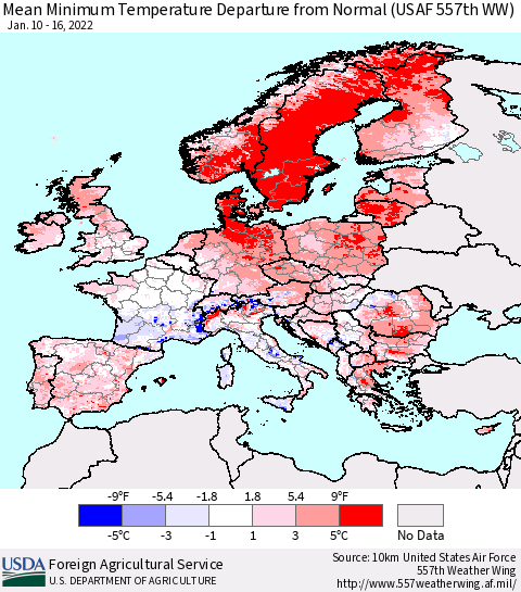 Europe Mean Minimum Temperature Departure from Normal (USAF 557th WW) Thematic Map For 1/10/2022 - 1/16/2022