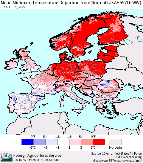 Europe Mean Minimum Temperature Departure from Normal (USAF 557th WW) Thematic Map For 1/17/2022 - 1/23/2022