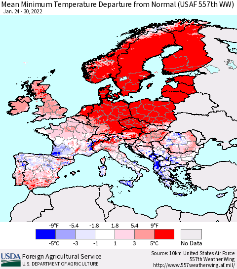Europe Mean Minimum Temperature Departure from Normal (USAF 557th WW) Thematic Map For 1/24/2022 - 1/30/2022
