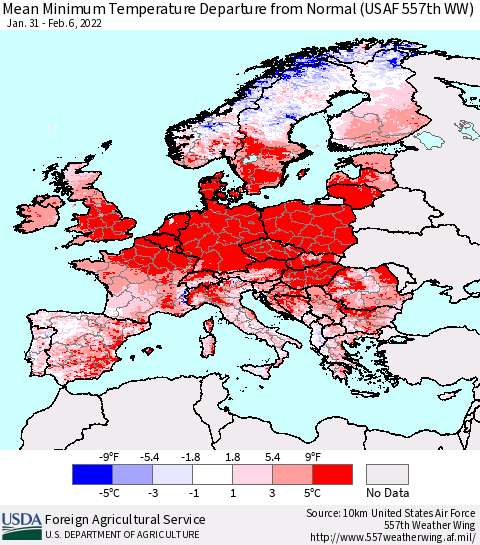 Europe Mean Minimum Temperature Departure from Normal (USAF 557th WW) Thematic Map For 1/31/2022 - 2/6/2022