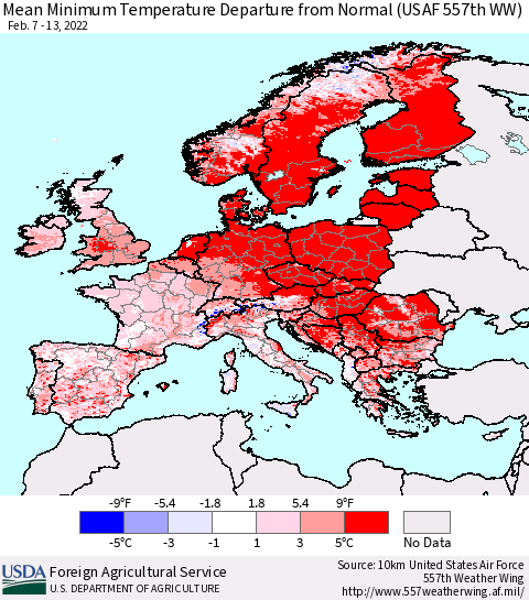 Europe Mean Minimum Temperature Departure from Normal (USAF 557th WW) Thematic Map For 2/7/2022 - 2/13/2022
