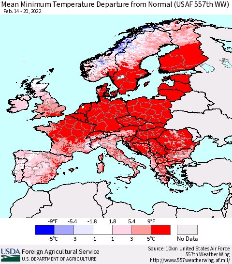Europe Mean Minimum Temperature Departure from Normal (USAF 557th WW) Thematic Map For 2/14/2022 - 2/20/2022