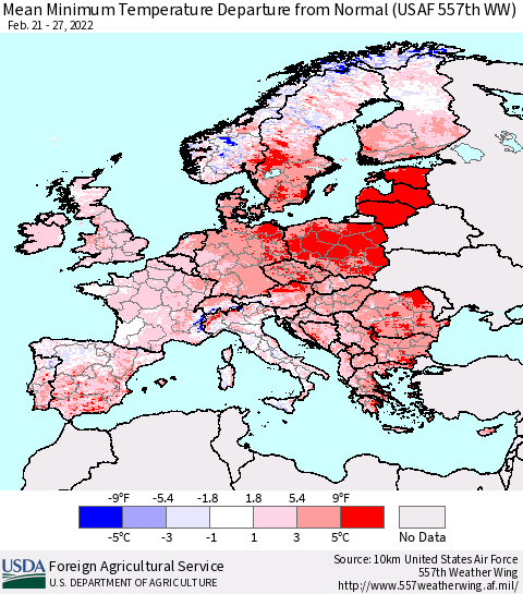 Europe Mean Minimum Temperature Departure from Normal (USAF 557th WW) Thematic Map For 2/21/2022 - 2/27/2022
