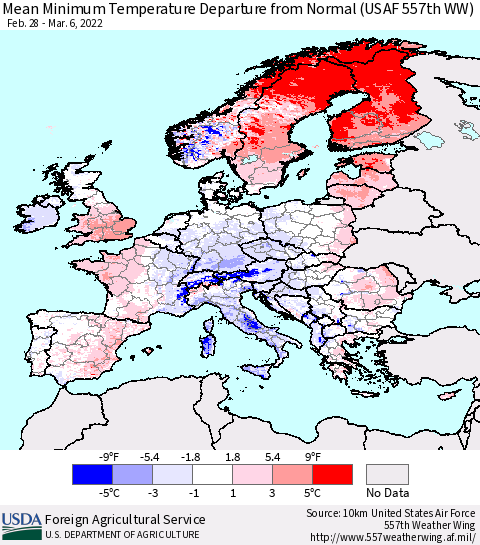 Europe Mean Minimum Temperature Departure from Normal (USAF 557th WW) Thematic Map For 2/28/2022 - 3/6/2022