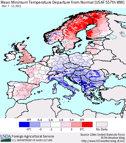 Europe Mean Minimum Temperature Departure from Normal (USAF 557th WW) Thematic Map For 3/7/2022 - 3/13/2022