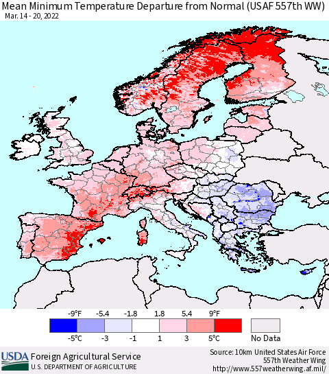 Europe Mean Minimum Temperature Departure from Normal (USAF 557th WW) Thematic Map For 3/14/2022 - 3/20/2022