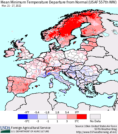 Europe Mean Minimum Temperature Departure from Normal (USAF 557th WW) Thematic Map For 3/21/2022 - 3/27/2022