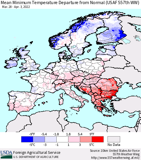 Europe Mean Minimum Temperature Departure from Normal (USAF 557th WW) Thematic Map For 3/28/2022 - 4/3/2022