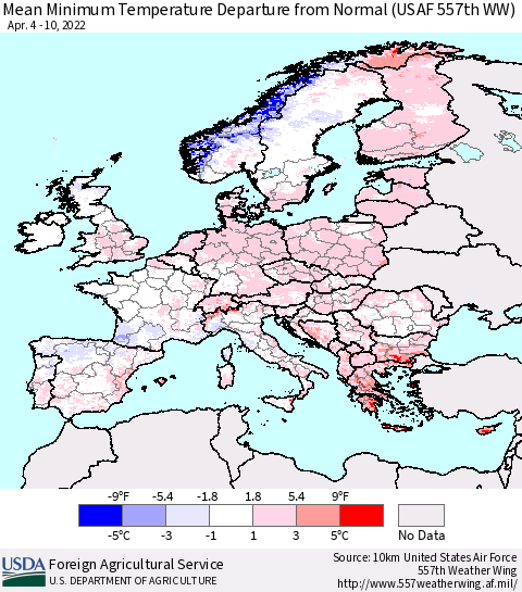 Europe Mean Minimum Temperature Departure from Normal (USAF 557th WW) Thematic Map For 4/4/2022 - 4/10/2022