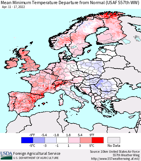 Europe Mean Minimum Temperature Departure from Normal (USAF 557th WW) Thematic Map For 4/11/2022 - 4/17/2022