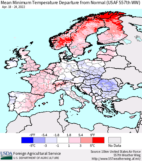 Europe Mean Minimum Temperature Departure from Normal (USAF 557th WW) Thematic Map For 4/18/2022 - 4/24/2022