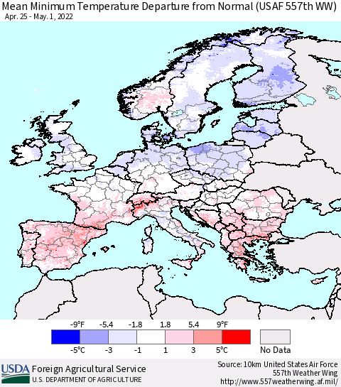 Europe Mean Minimum Temperature Departure from Normal (USAF 557th WW) Thematic Map For 4/25/2022 - 5/1/2022