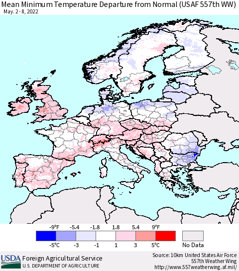 Europe Mean Minimum Temperature Departure from Normal (USAF 557th WW) Thematic Map For 5/2/2022 - 5/8/2022