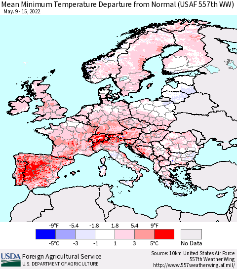 Europe Mean Minimum Temperature Departure from Normal (USAF 557th WW) Thematic Map For 5/9/2022 - 5/15/2022