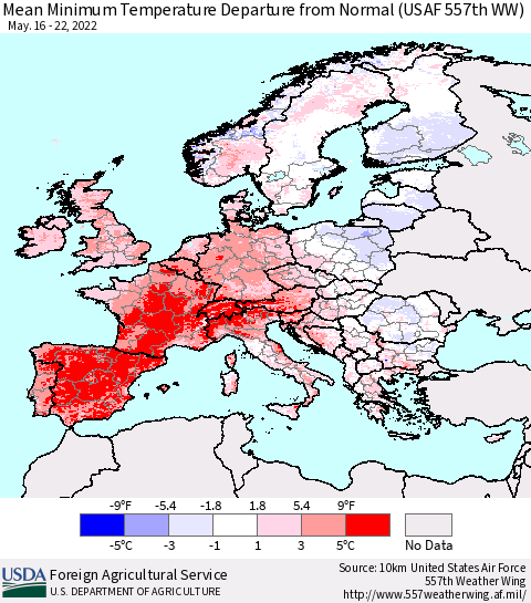 Europe Mean Minimum Temperature Departure from Normal (USAF 557th WW) Thematic Map For 5/16/2022 - 5/22/2022