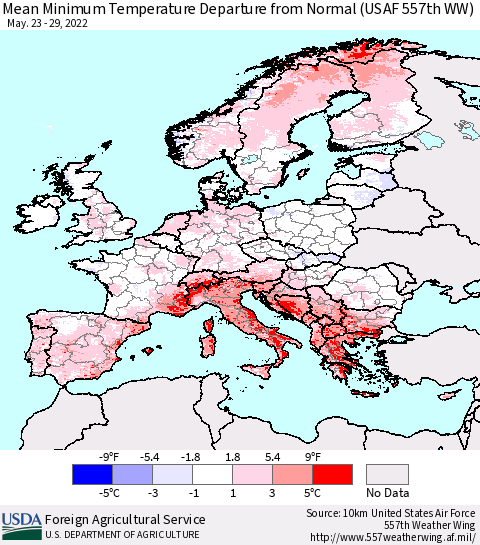 Europe Mean Minimum Temperature Departure from Normal (USAF 557th WW) Thematic Map For 5/23/2022 - 5/29/2022
