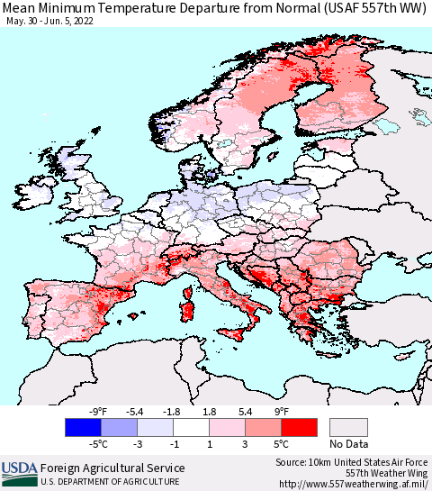 Europe Mean Minimum Temperature Departure from Normal (USAF 557th WW) Thematic Map For 5/30/2022 - 6/5/2022