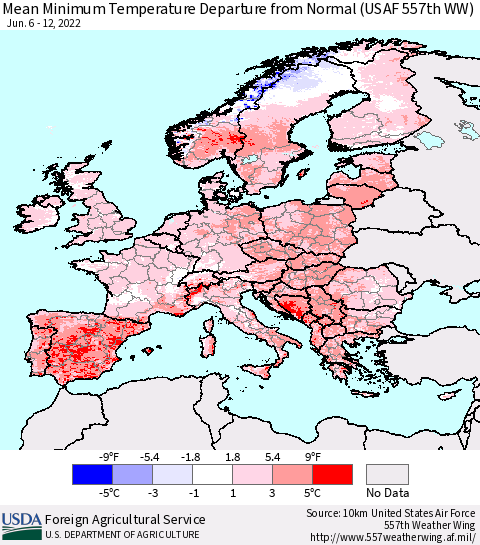 Europe Mean Minimum Temperature Departure from Normal (USAF 557th WW) Thematic Map For 6/6/2022 - 6/12/2022