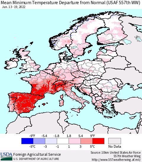 Europe Mean Minimum Temperature Departure from Normal (USAF 557th WW) Thematic Map For 6/13/2022 - 6/19/2022