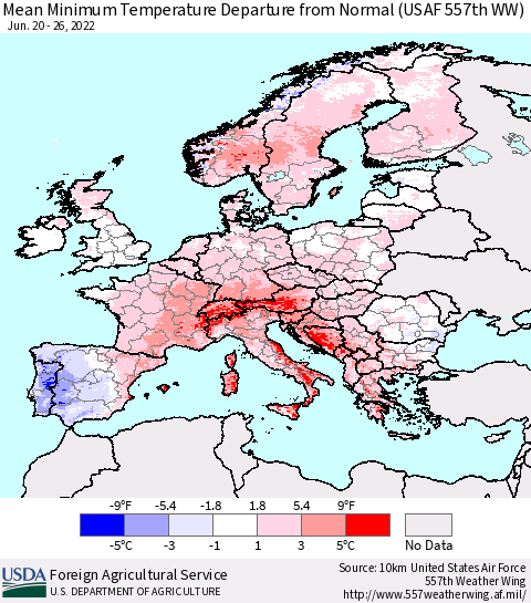 Europe Mean Minimum Temperature Departure from Normal (USAF 557th WW) Thematic Map For 6/20/2022 - 6/26/2022
