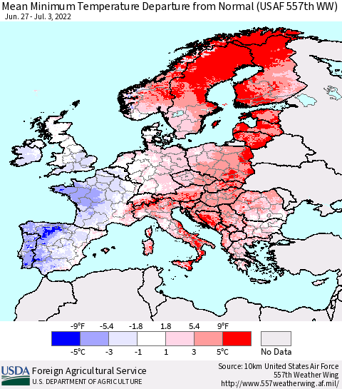 Europe Mean Minimum Temperature Departure from Normal (USAF 557th WW) Thematic Map For 6/27/2022 - 7/3/2022