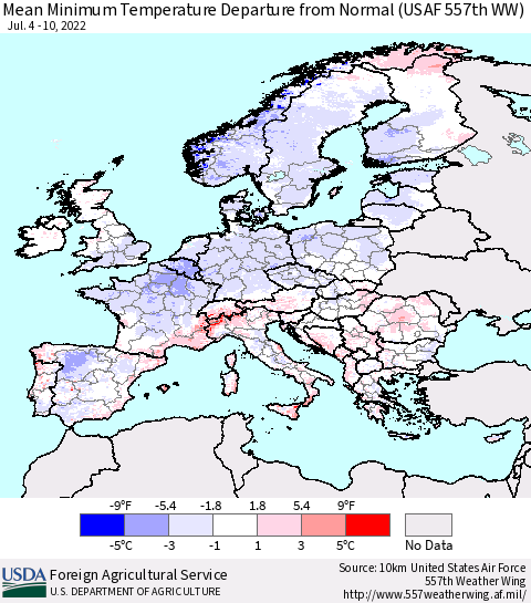Europe Mean Minimum Temperature Departure from Normal (USAF 557th WW) Thematic Map For 7/4/2022 - 7/10/2022