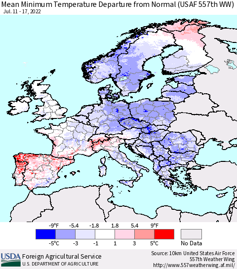 Europe Mean Minimum Temperature Departure from Normal (USAF 557th WW) Thematic Map For 7/11/2022 - 7/17/2022